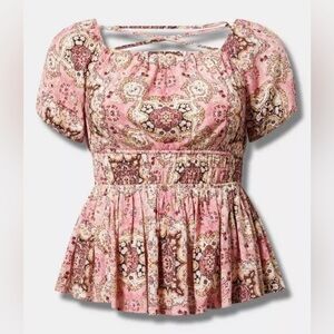#9075 - Torrid Crinkle Gauze Criss Cross Back Blouse Royal Medallion Pink